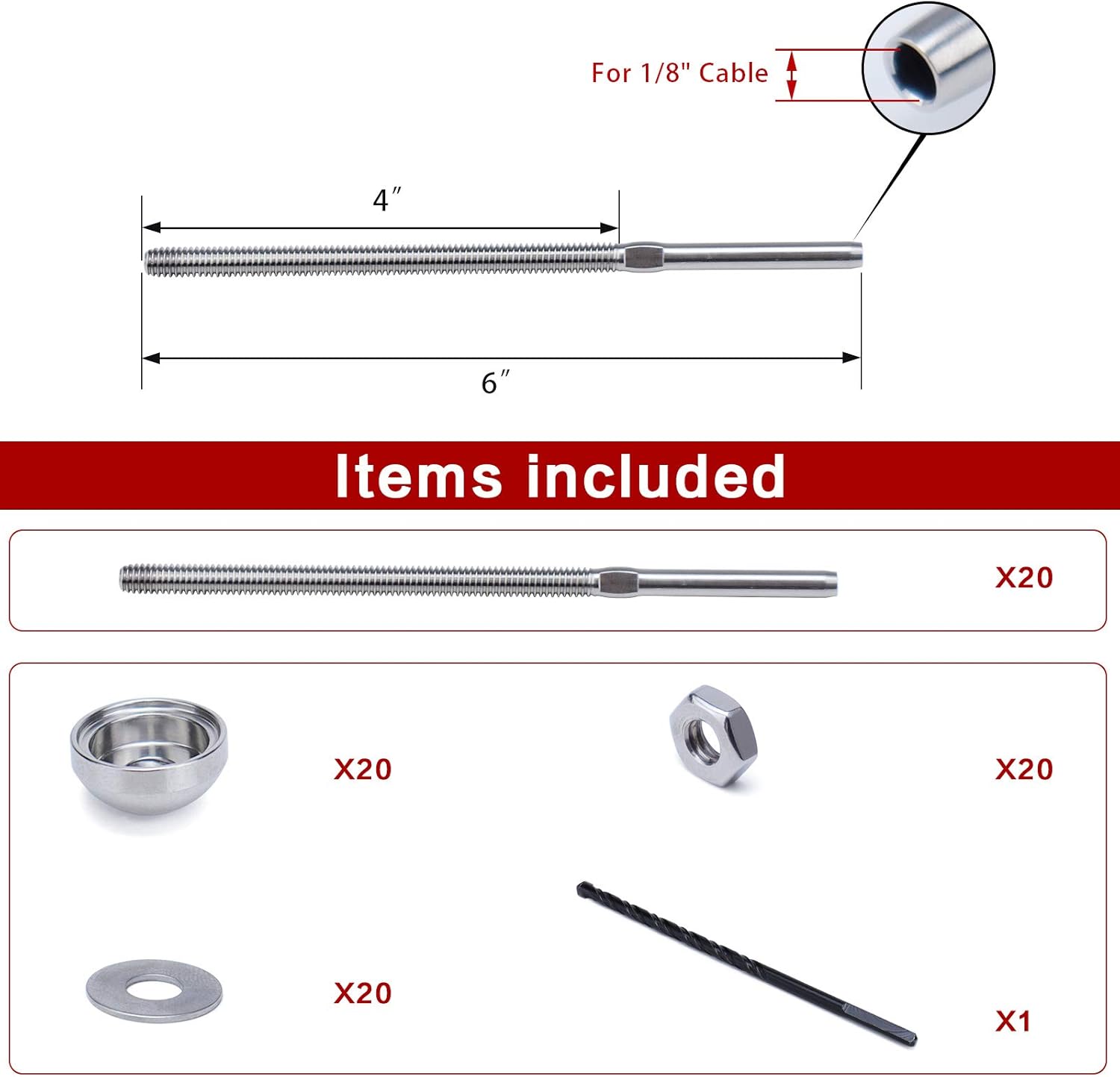 20Pack 1/8 Cable Railing Kit End Fitting Terminal T316 Stainless Steel L380865
