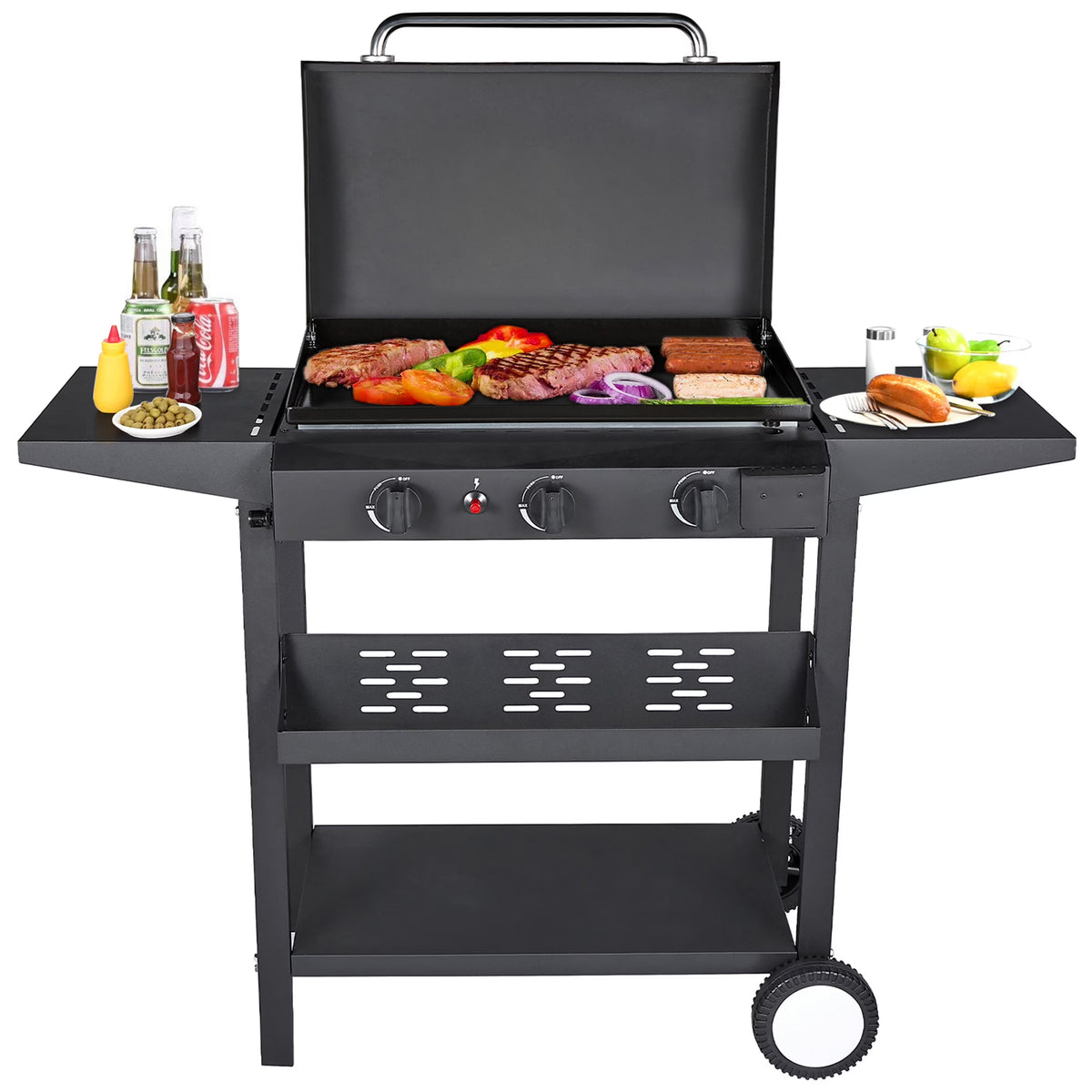 3 Burner BBQ Propane Gas Grill, Stainless Steel, Black P529