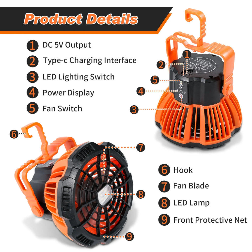 Rechargeable Camping Fan and LED Lantern with 270° Rotation and Built-In Hook C89084
