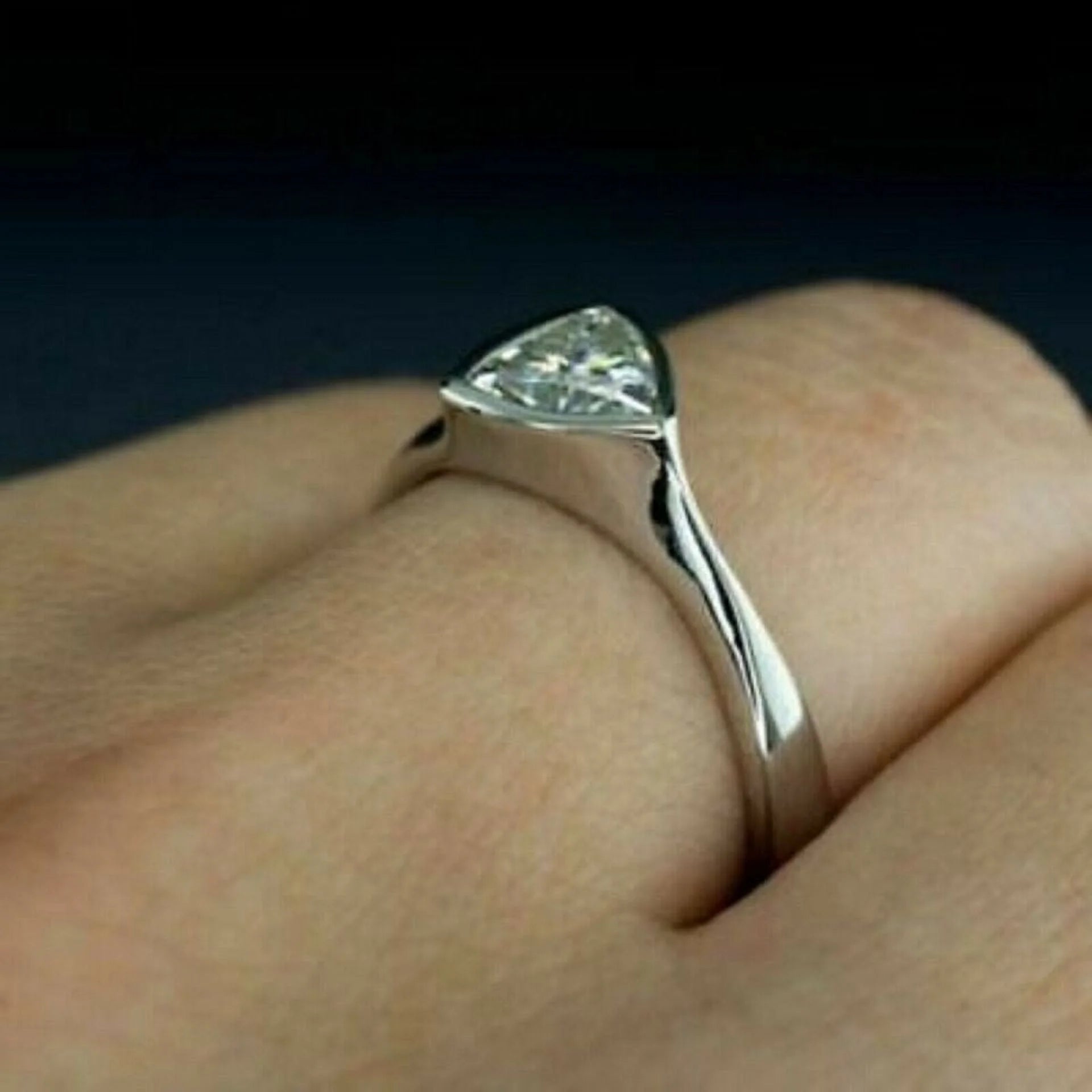 Trillion Cut Moissanite Bezel Set Engagement Ring 14k White Gold Plated I489314