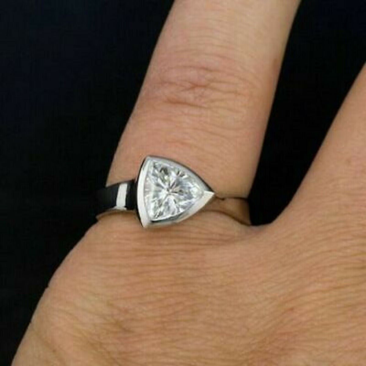 Trillion Cut Moissanite Bezel Set Engagement Ring 14k White Gold Plated I489314