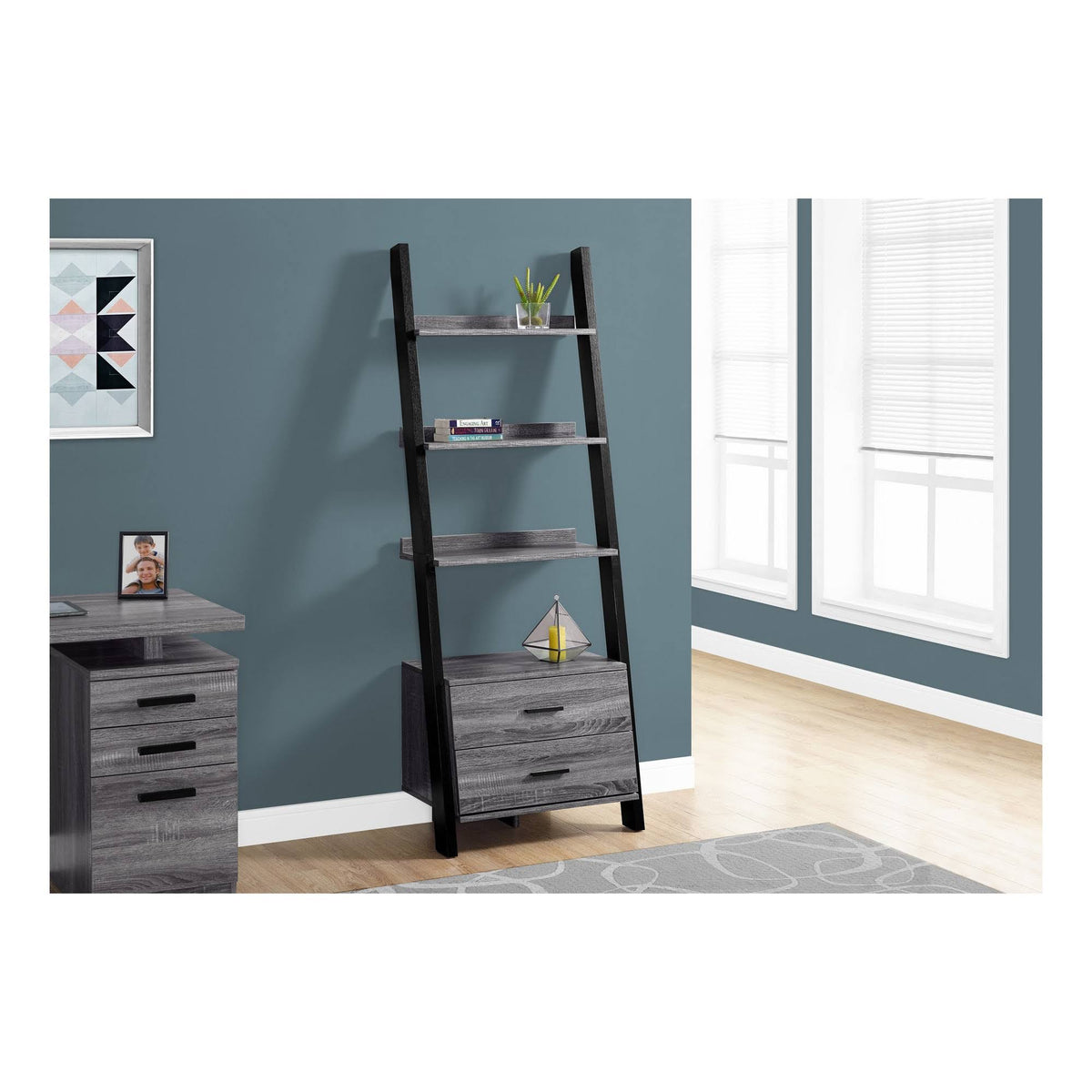 Grey-Black Ladder Bookcase with 2 Storage Drawer C75180