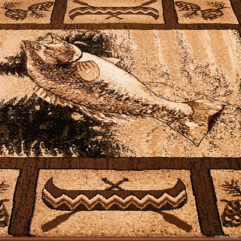 Brown Prints Fish Acorns Bear Cabin Moose Wildlife Area Rug (3' 9" x 5' 1") Q870059