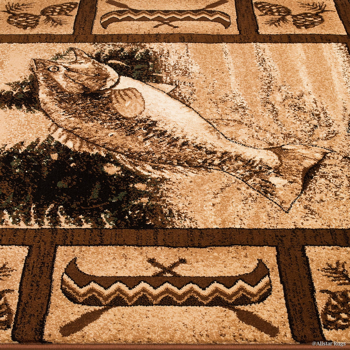 Brown Prints Fish Acorns Bear Cabin Moose Wildlife Area Rug (3' 9" x 5' 1") Q870059