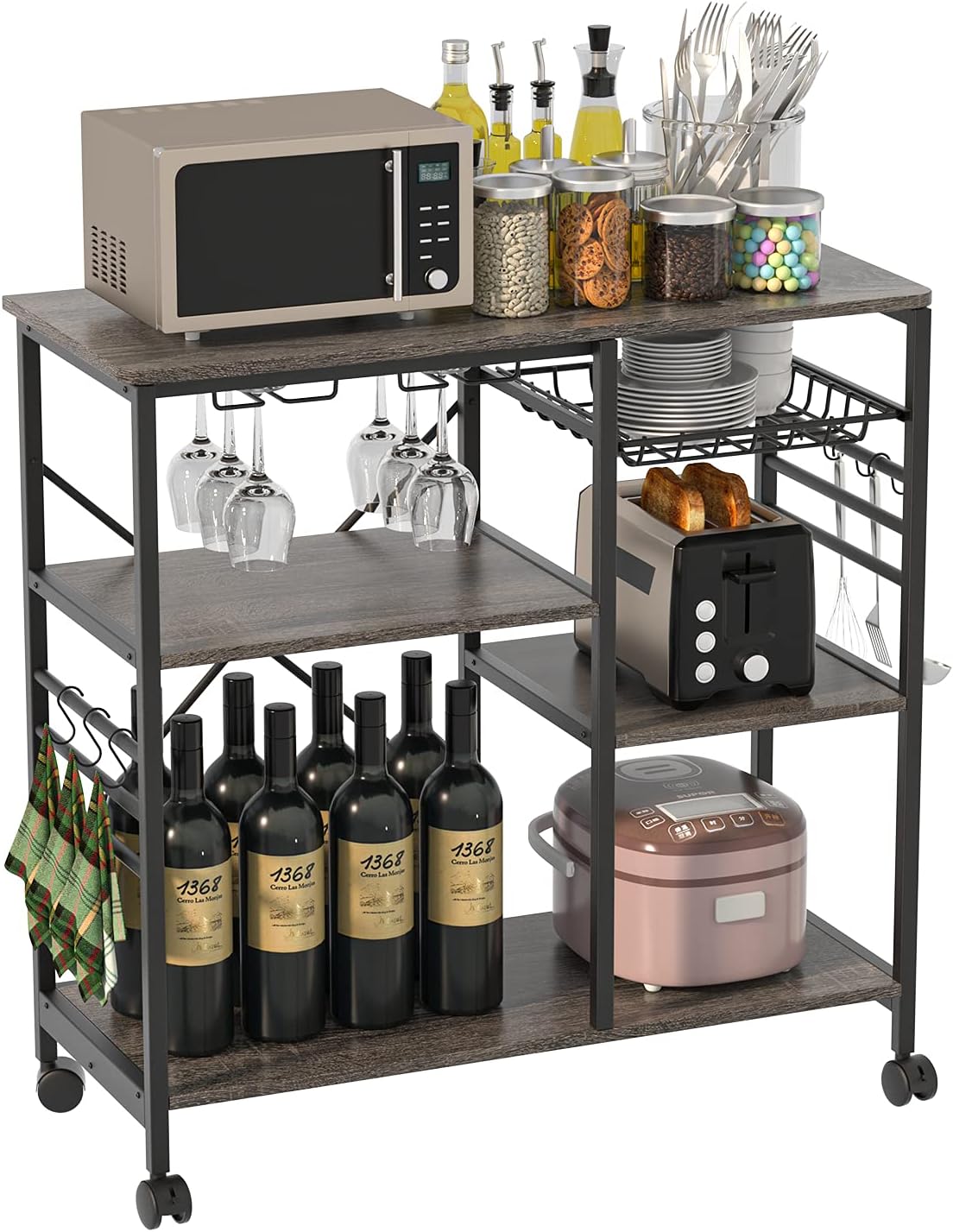 White Rolling Wood Dining Cart with 2 Drawers, 3 Baskets and 2 Shelves Q2828