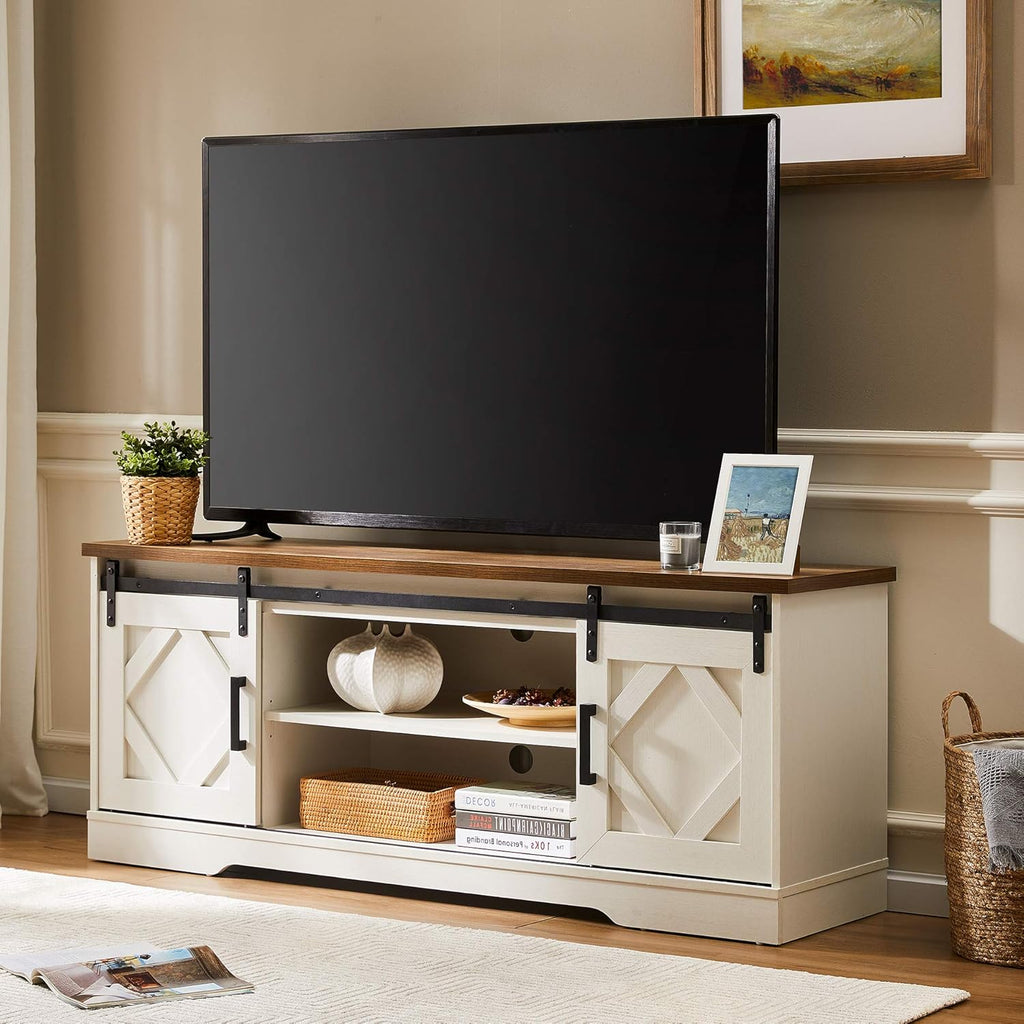 Farmhouse Sliding Barn Door TV Stand, Wood Media Console Table Cabinet 3-Level Adjustable Shelf, Rustic Brown U7281