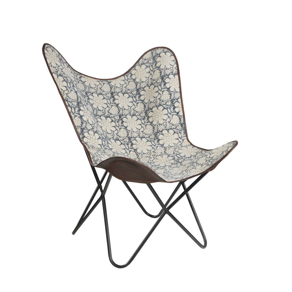 Blue/White/Brown Floral Canvas Faux Leather Butterfly Chair H565829
