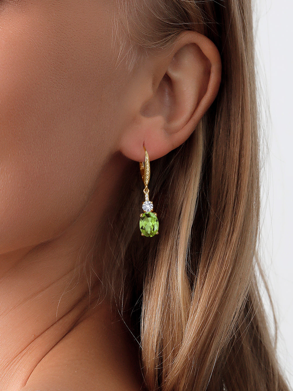 18K Yellow Gold Plated Silver Green Peridot and White Created Sapphire Dangle Earrings with Lab Grown Diamond Z76224