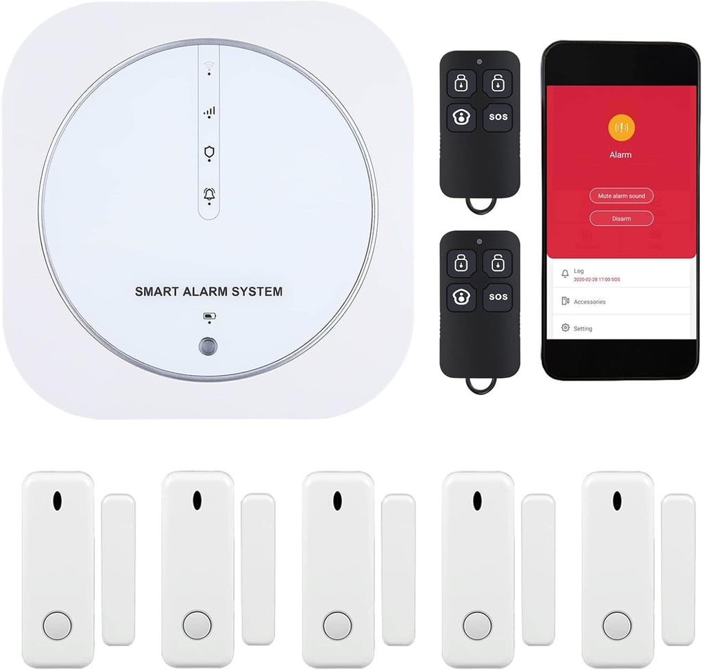 WiFi Door Alarm System, 8-Piece Kit with Hub Station, 5 Sensors, 2 Remotes L6386