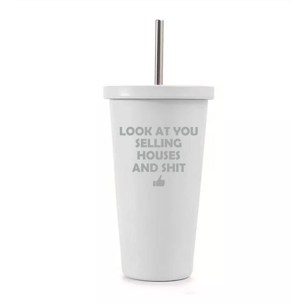 16 oz Stainless Steel Double Wall Insulated Tumbler Travel Mug With Straw G54270