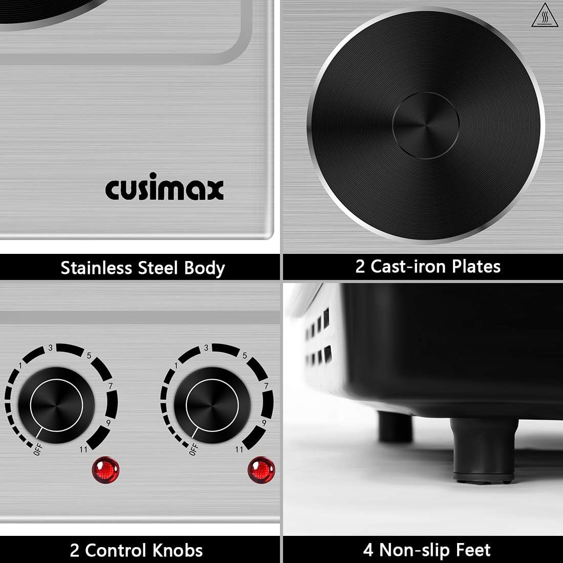 Double Hot Plate Cooktop, 1800W Portable Electric Burner, Cast Iron, Stainless Steel Z24850