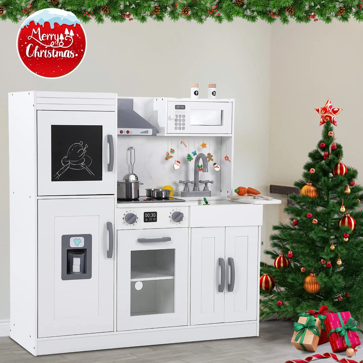 White Wooden Kids Kitchen Playset with 20 PCS Cookware Accessories G835