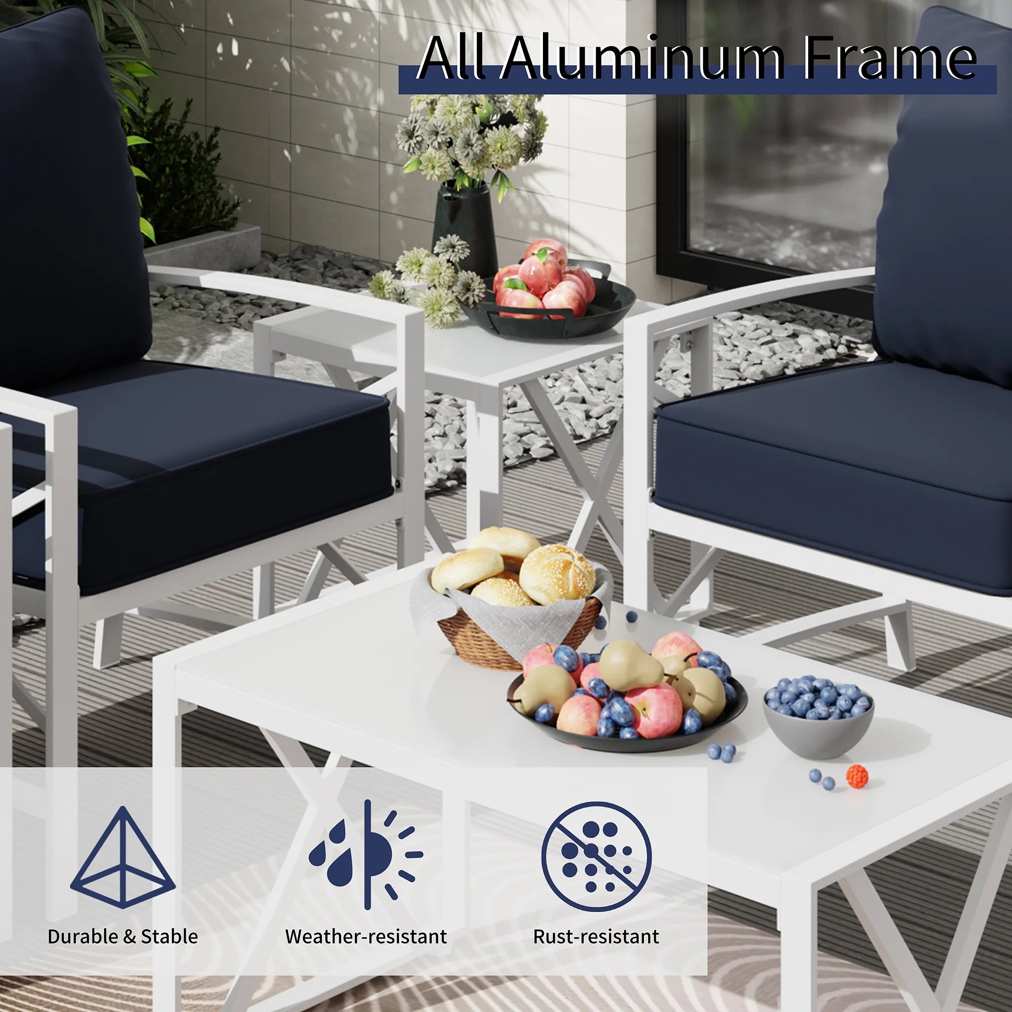 5-Piece Patio Furniture Set with Loveseat Sofa Coffee Table Metal Navy Blue K73097