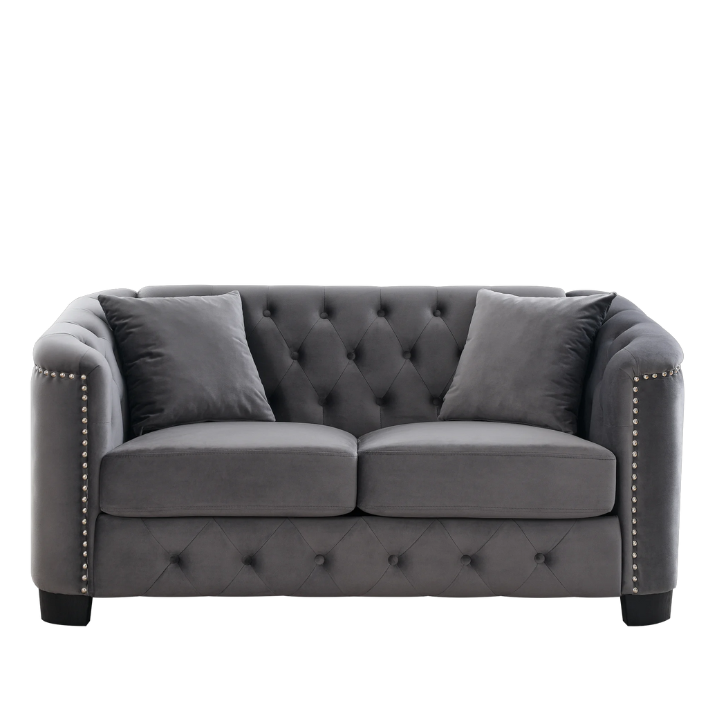 Grey Velvet Small Sofa with 2 Seat Cushions and 2 Throw Pillows N39425