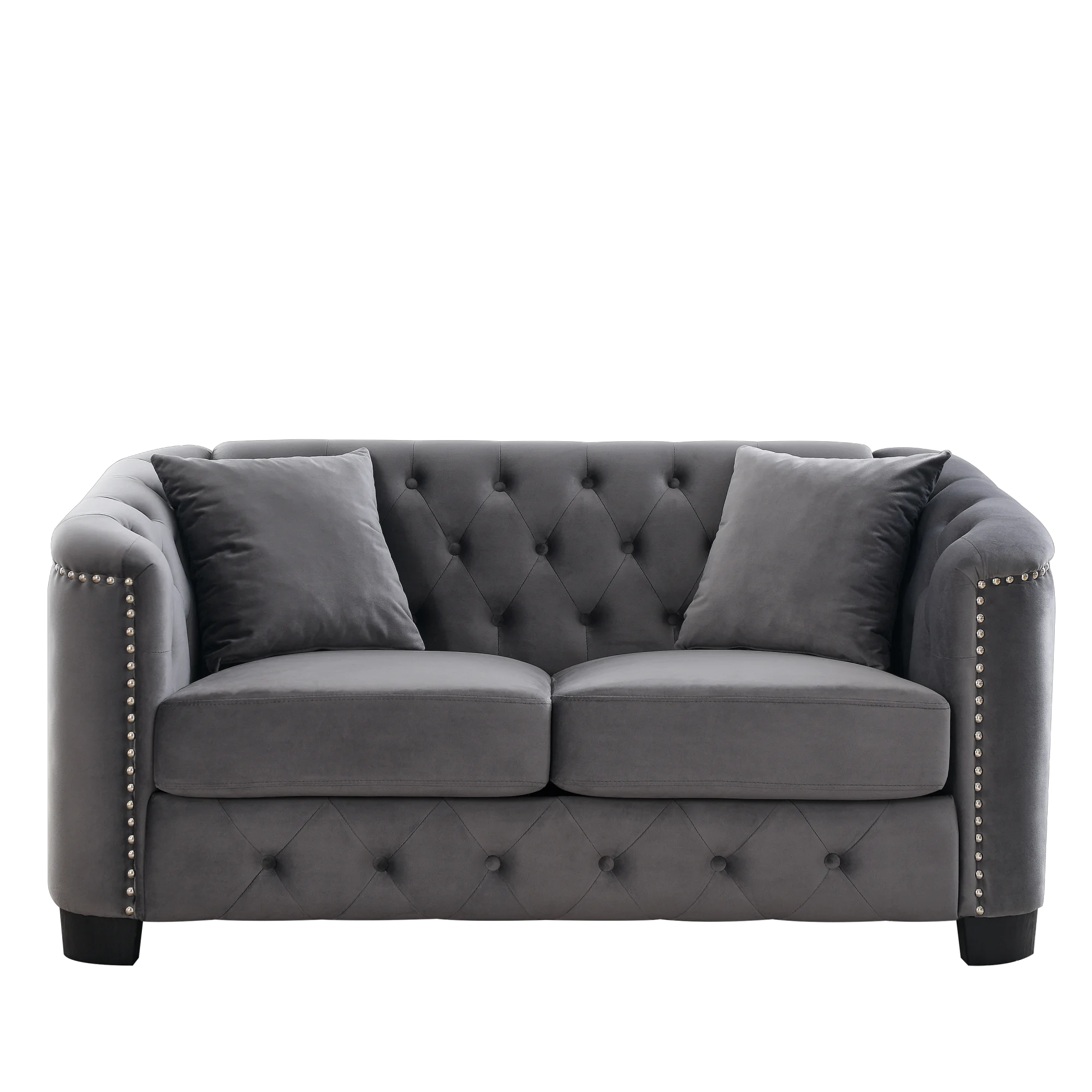 Grey Velvet Small Sofa with 2 Seat Cushions and 2 Throw Pillows N39425
