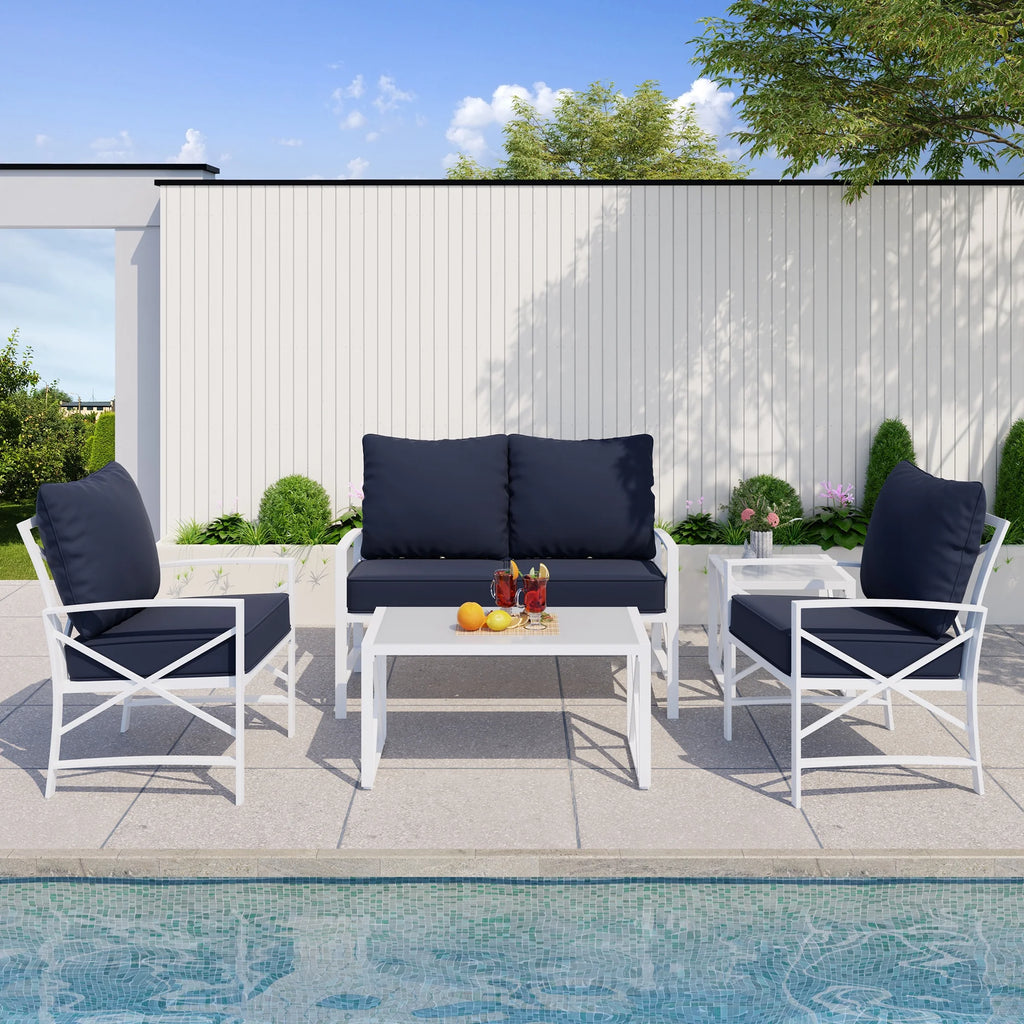 5-Piece Patio Furniture Set with Loveseat Sofa Coffee Table Metal Navy Blue K73097
