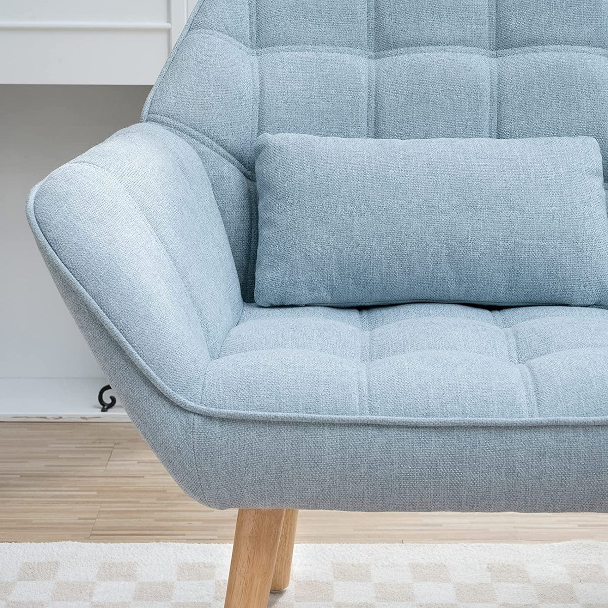 Light Blue Linen Fabric Loveseat Sofa with 2 Pillows Wood Legs U2462