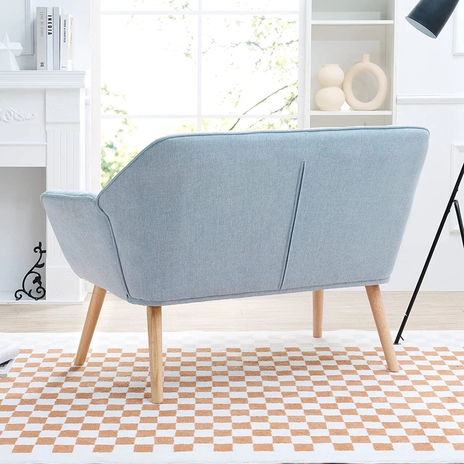 Light Blue Linen Fabric Loveseat Sofa with 2 Pillows Wood Legs U2462