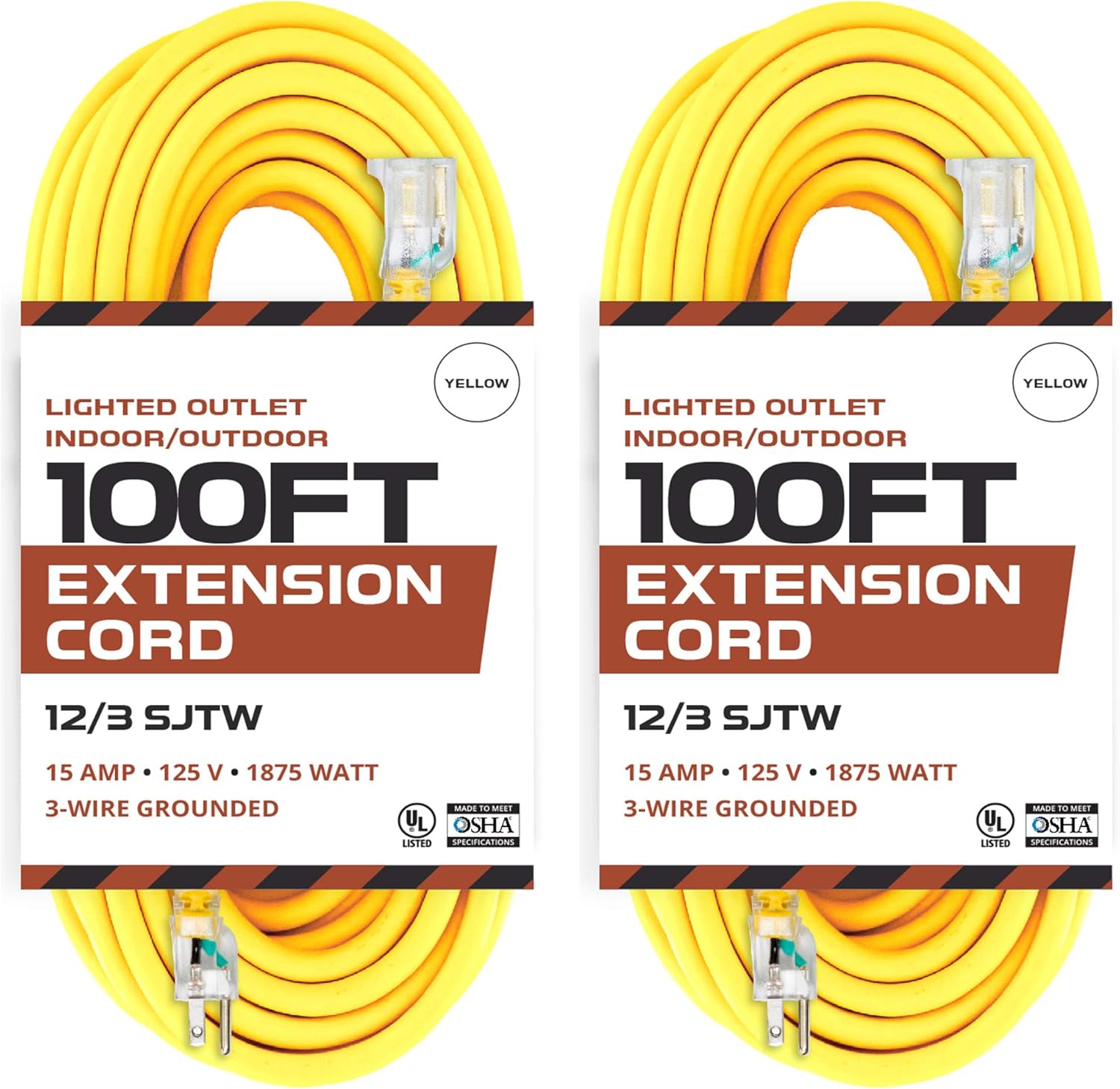 25 ft Lighted Outdoor Extension Cord, 12/3 SJTW Heavy Duty Yellow Extension Cable with 3 Prong Grounded Plug A867