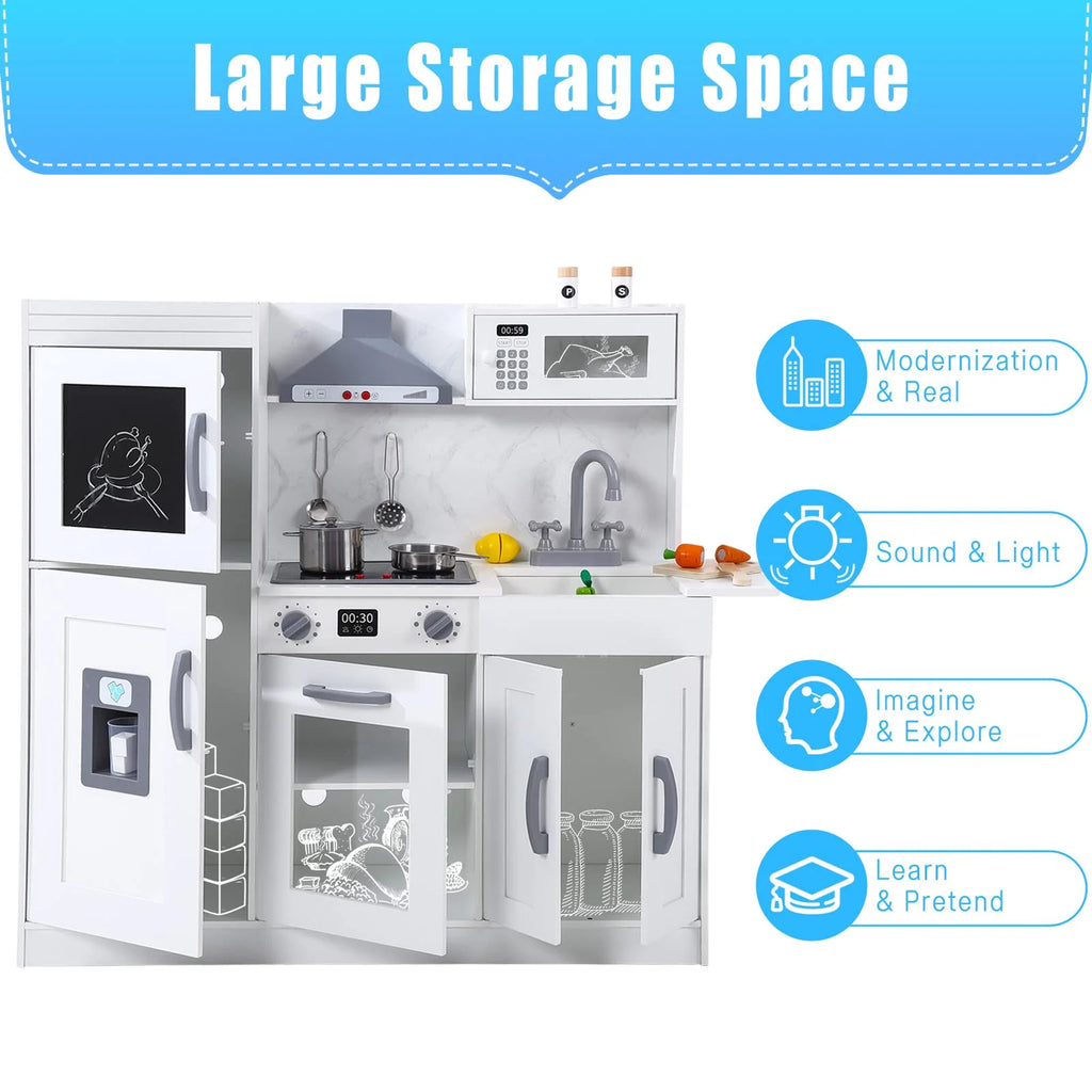 White Wooden Kids Kitchen Playset with 20 PCS Cookware Accessories G835