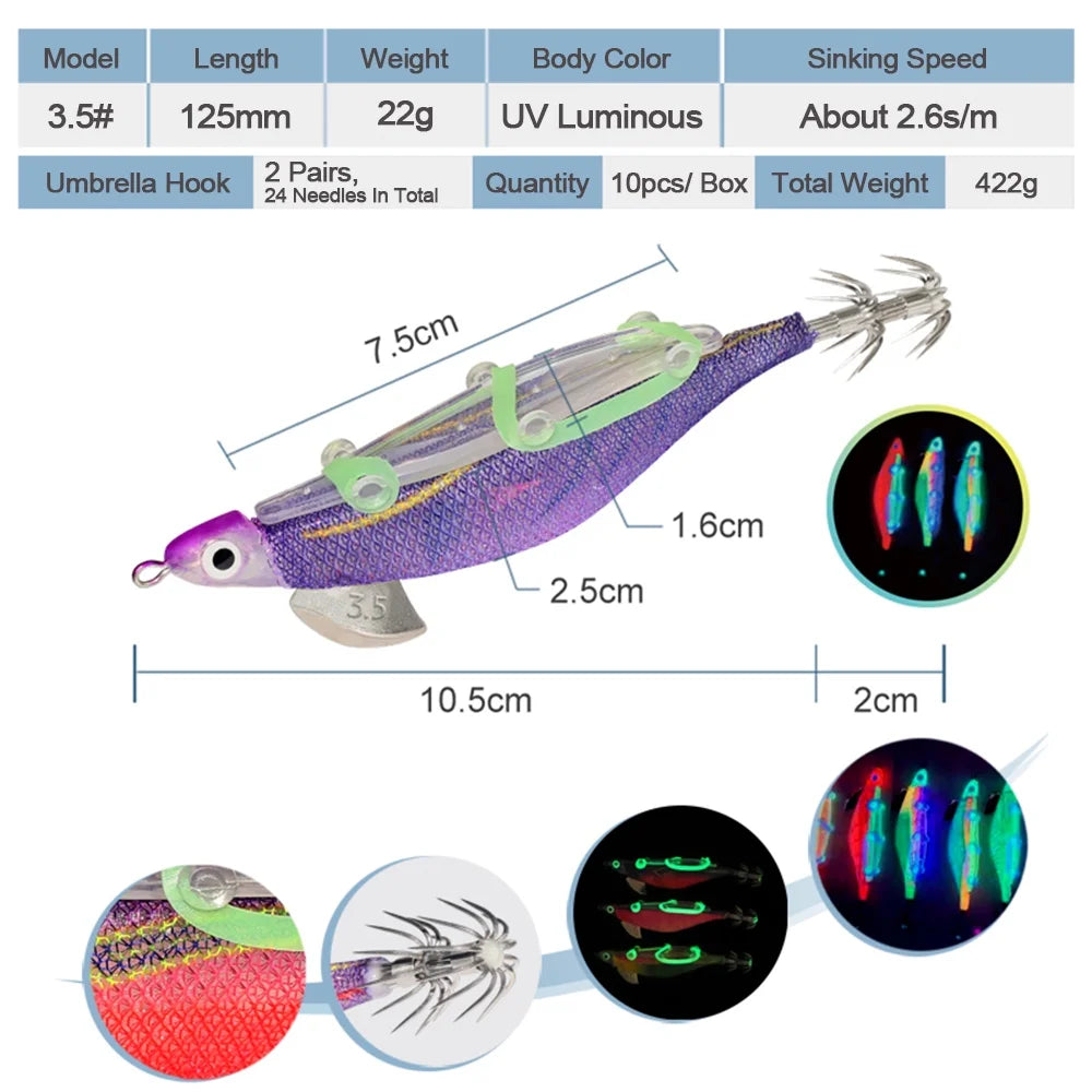 10pcs Fishing Luminous Shrimp Lure with Squid Hooks Y75269