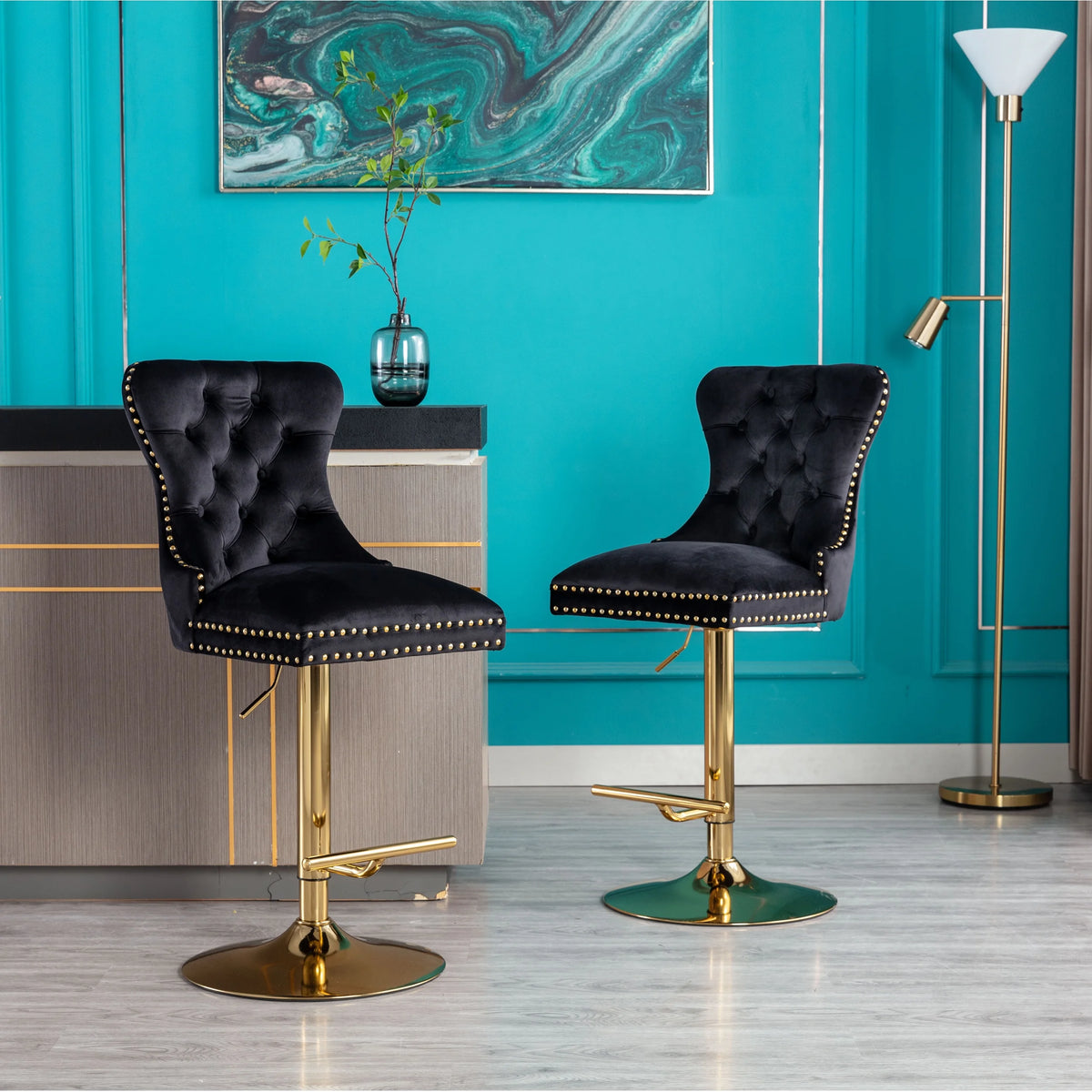 Black Velvet Swivel Bar Stools Set Of 2 Adjustable Counter Height H7235