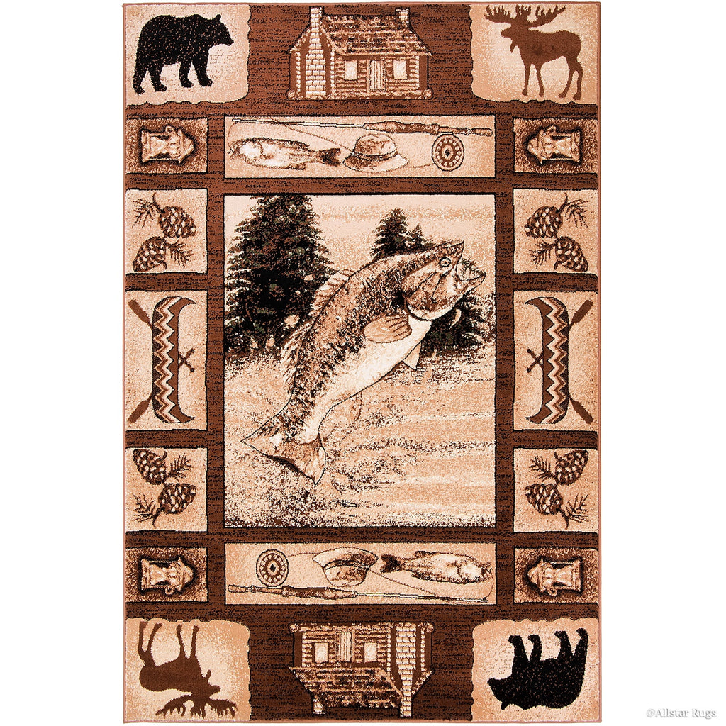 Brown Prints Fish Acorns Bear Cabin Moose Wildlife Area Rug (3' 9" x 5' 1") Q870059