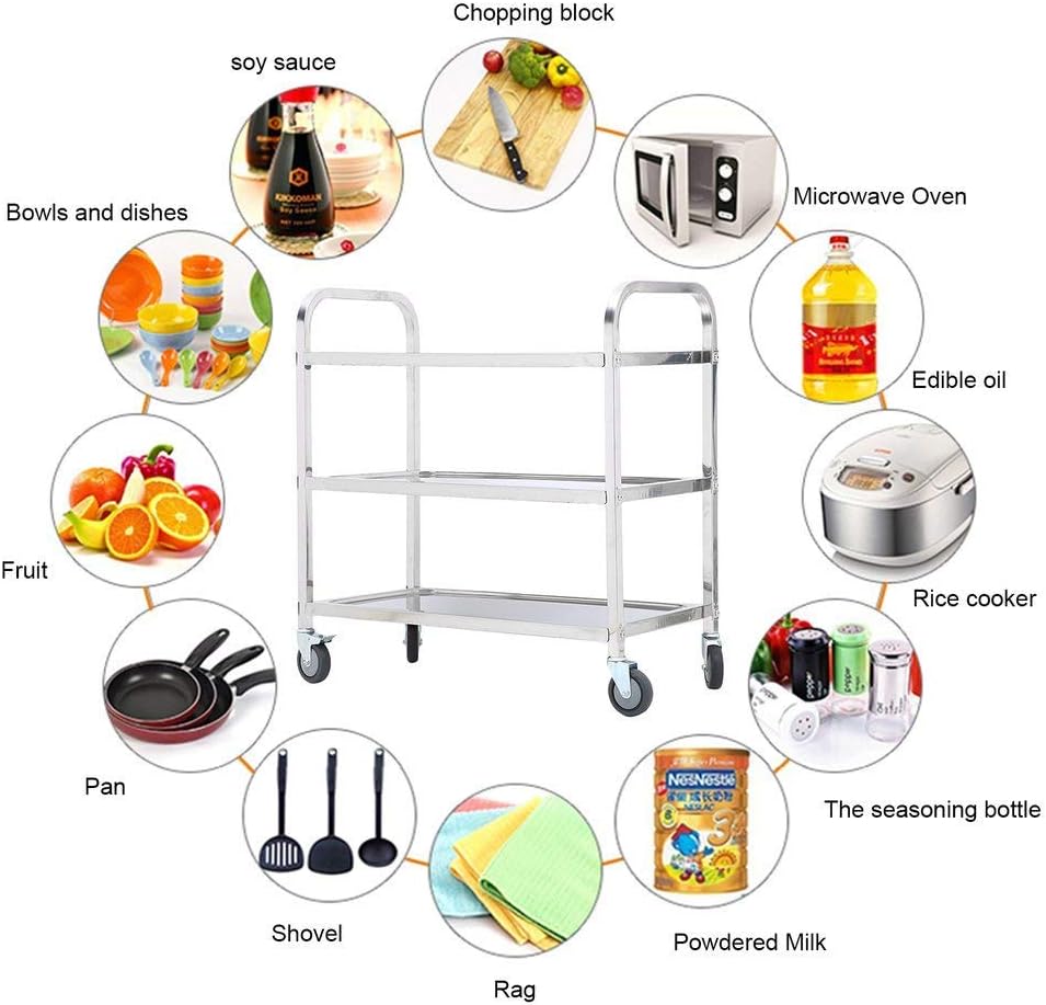 3 Tier Stainless Steel Utility Cart with Wheels Serving Trolley Storage Shelf Q5796