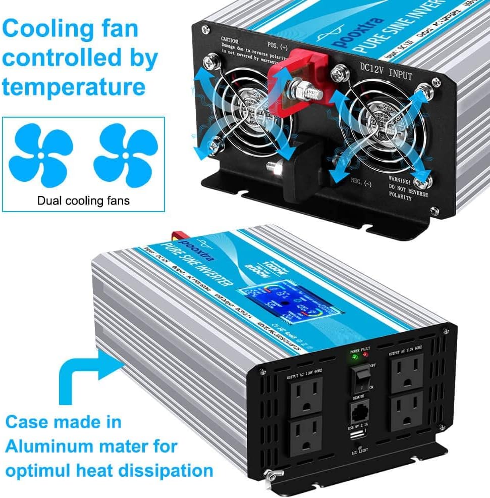 2000 Watt Pure Sine Wave Power Inverter 12V DC to 110V AC with LCD Display USB Port 4 AC Outlets P988979
