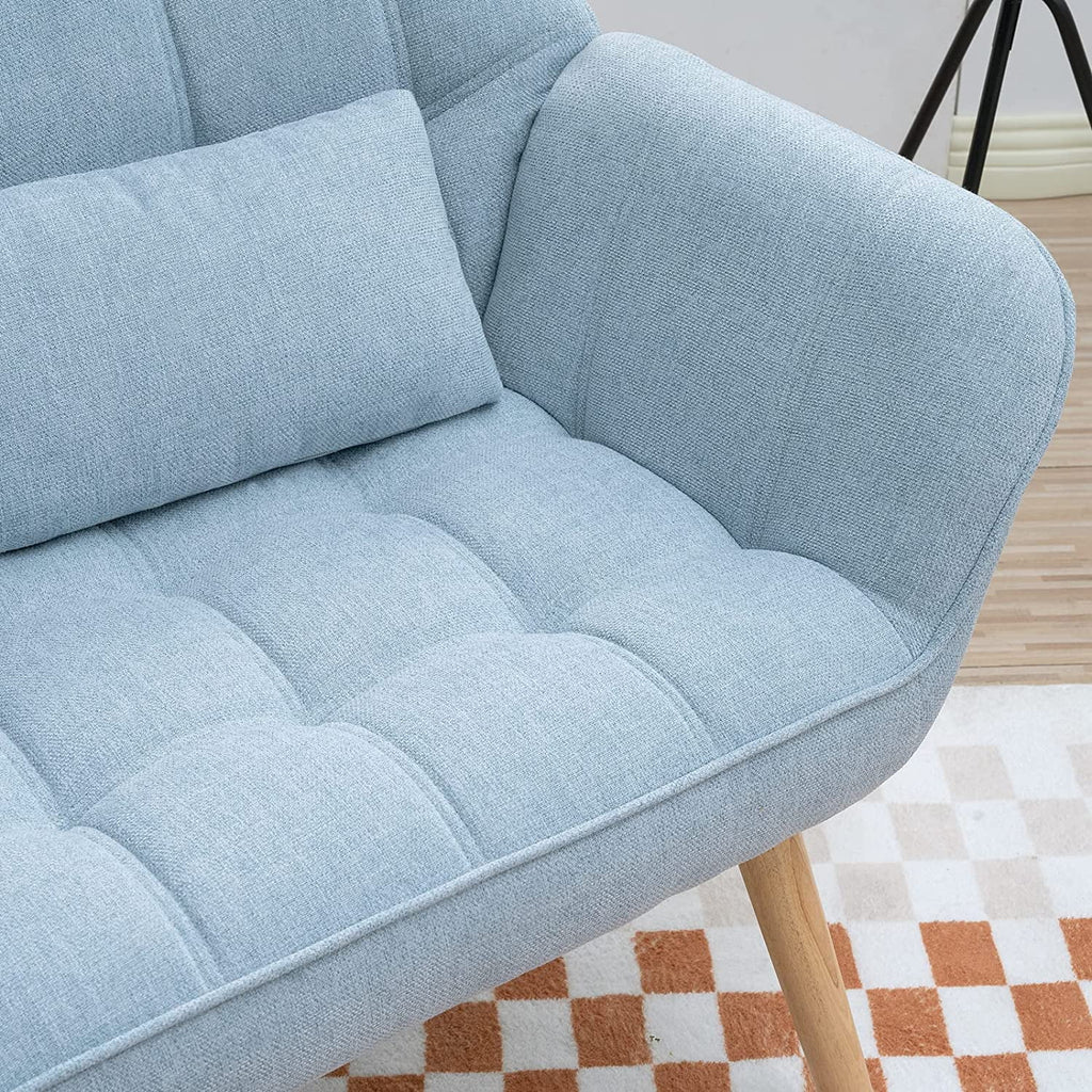 Light Blue Linen Fabric Loveseat Sofa with 2 Pillows Wood Legs U2462