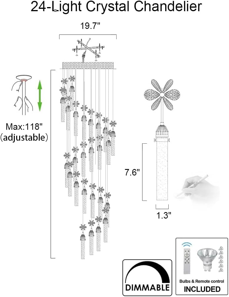 12-Lights Raindrop Spiral Crystal Chandelier with Remote Control Dimmable LED D3158