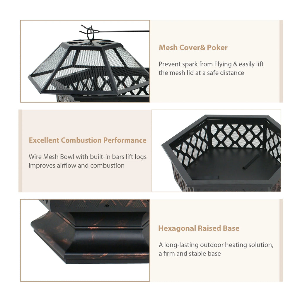 24’’ Portable Wood Burning Fire Pit with Mesh Lid N958