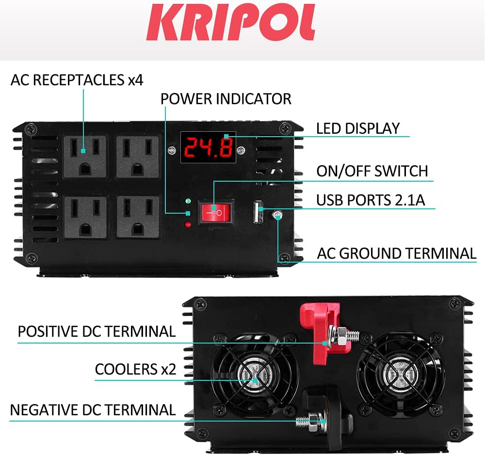 1500 Watt Pure Sine Wave Power Inverter 12V DC to 110V AC 60HZ with 4 AC Outlets and 1 USB Output X38638