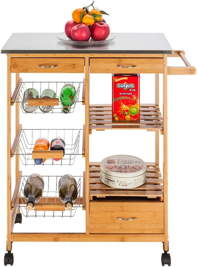 White Rolling Wood Dining Cart with 2 Drawers, 3 Baskets and 2 Shelves Q2828