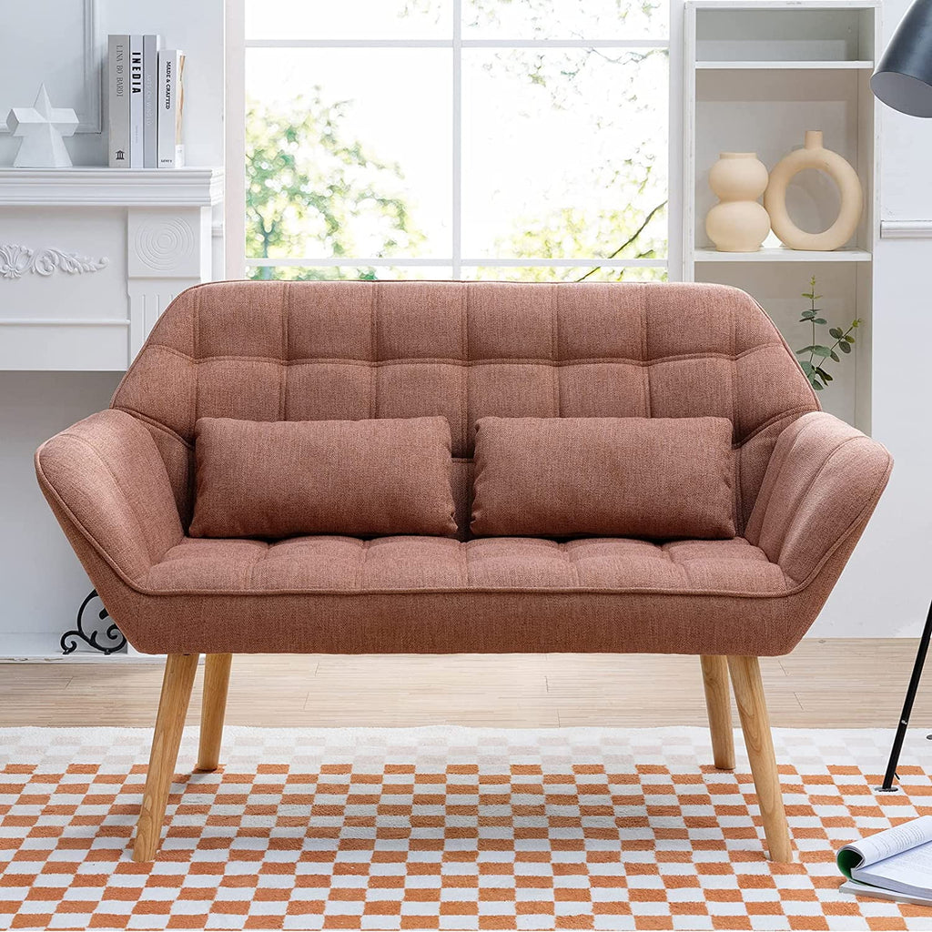 Light Blue Linen Fabric Loveseat Sofa with 2 Pillows Wood Legs U2462