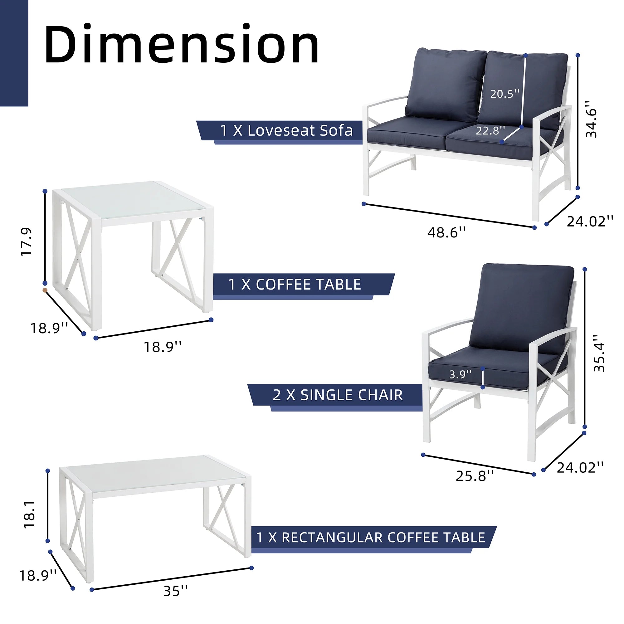 5-Piece Patio Furniture Set with Loveseat Sofa Coffee Table Metal Navy Blue K73097