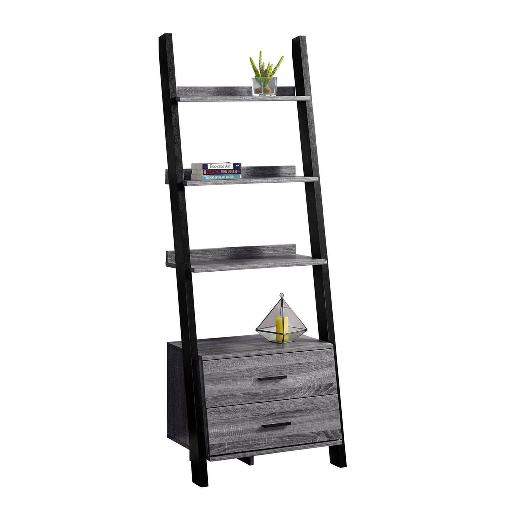 Grey-Black Ladder Bookcase with 2 Storage Drawer C75180