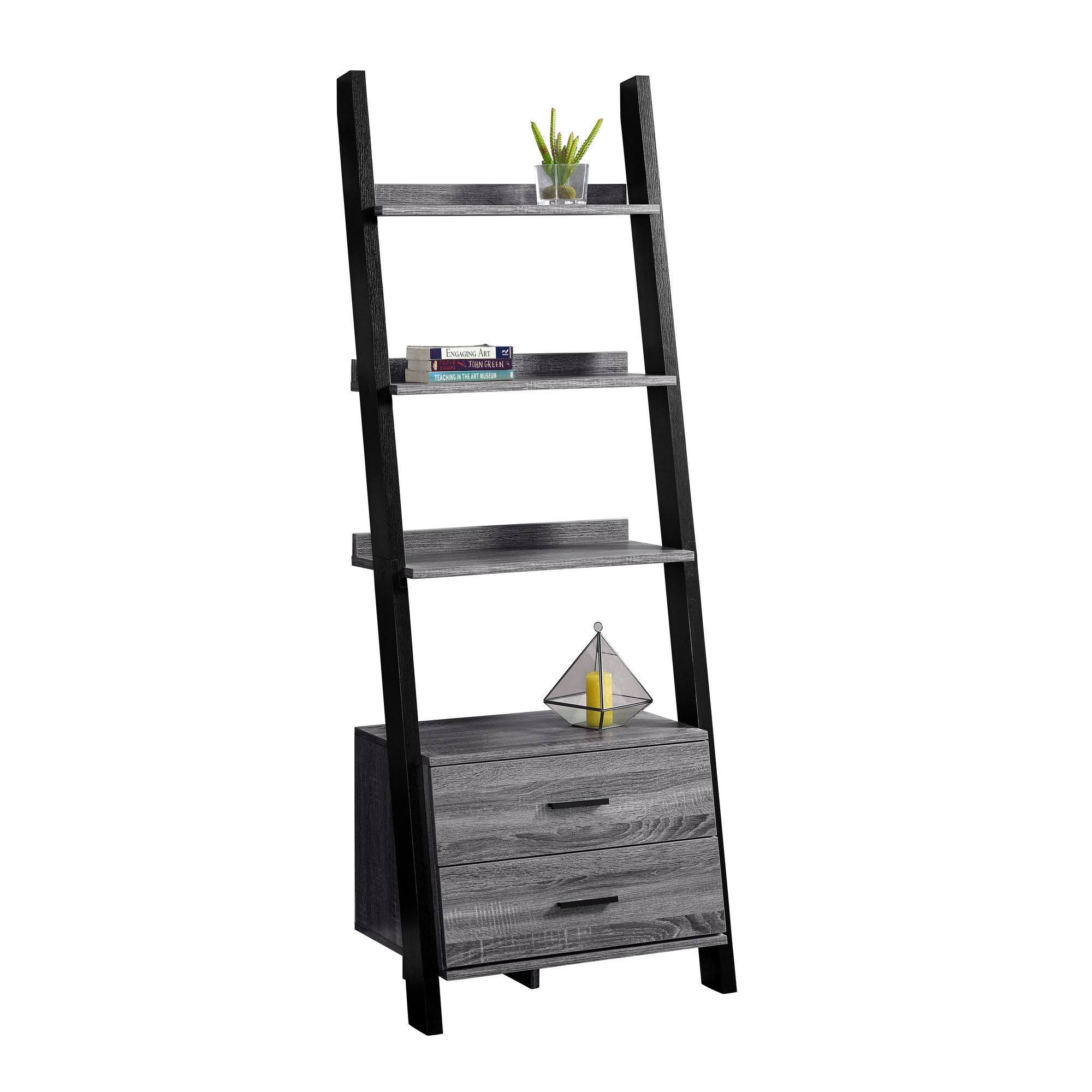 Grey-Black Ladder Bookcase with 2 Storage Drawer C75180