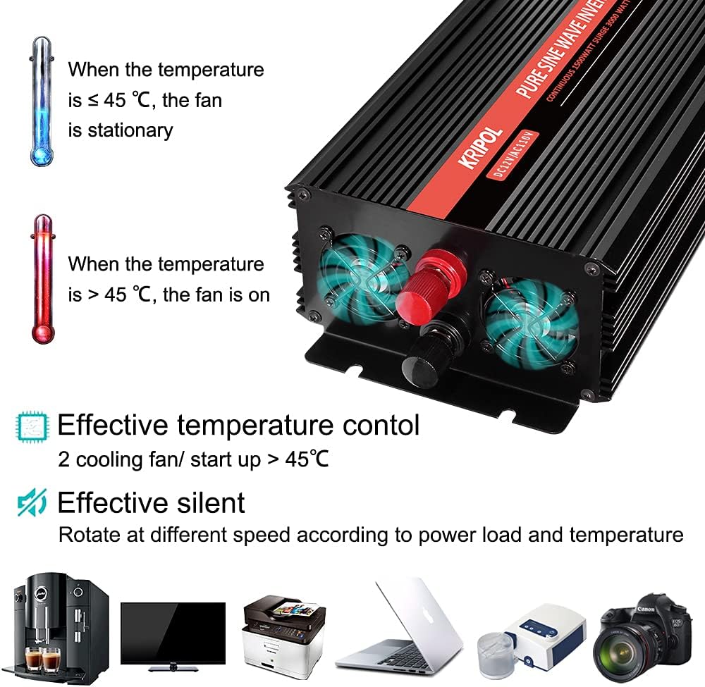 1500 Watt Pure Sine Wave Power Inverter 12V DC to 110V AC 60HZ with 4 AC Outlets and 1 USB Output X38638