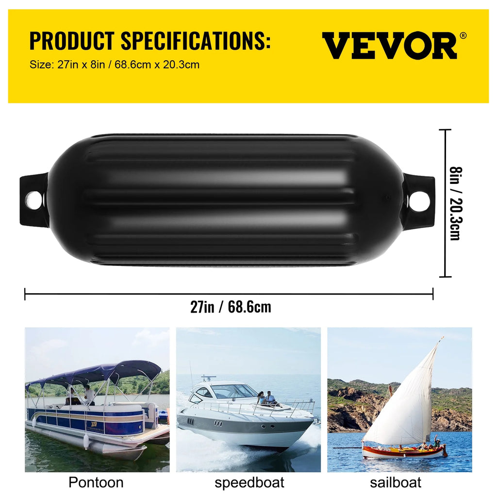 Black Boat Fender Bumper Pack of 4, 8 x 27 inches N15673